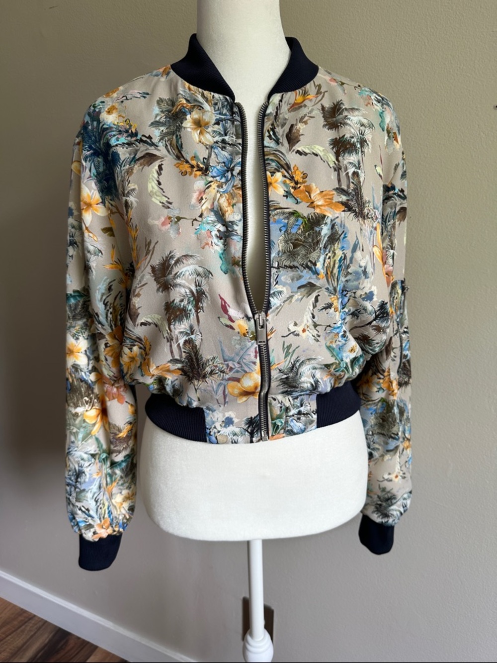 Zara Floral Print Bomber Jacket in Beige with Navy Trim
